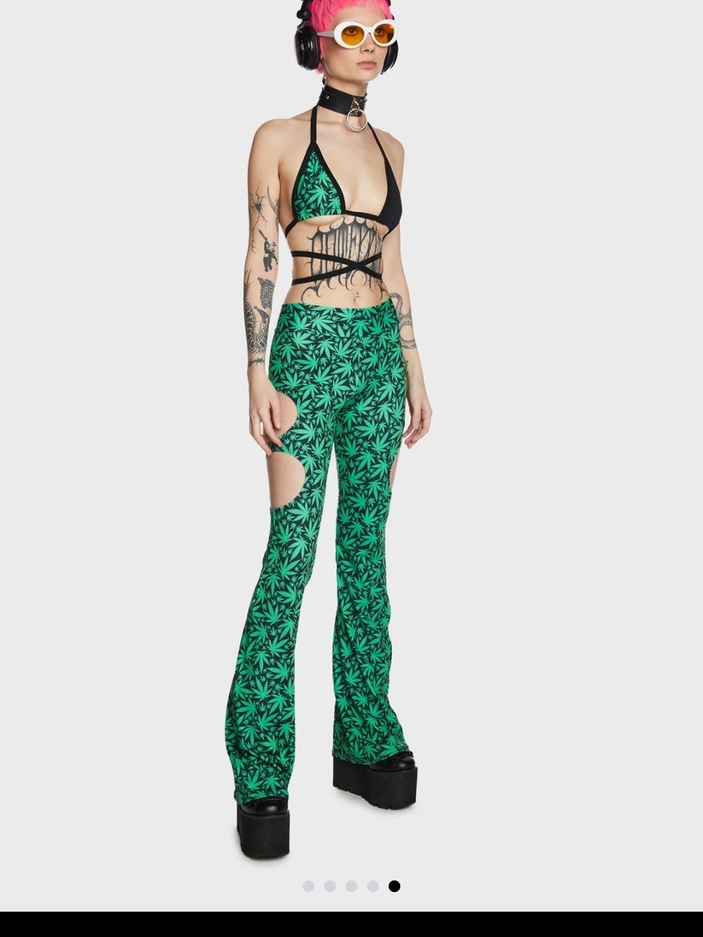 Dolls Kill Green Leaf-Print Cutout Flare Pants